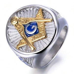 Silver & Gold Masonic Emblem Ring with Blue Accent Freemason Jewelry Sz 11